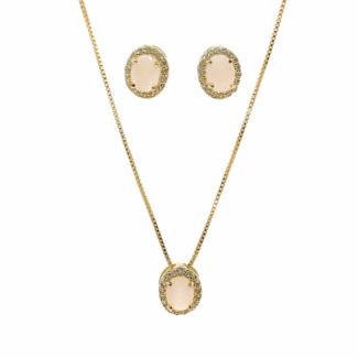 Conjunto Aurora Princesa Quartzo Rosa Banho Ouro 18K