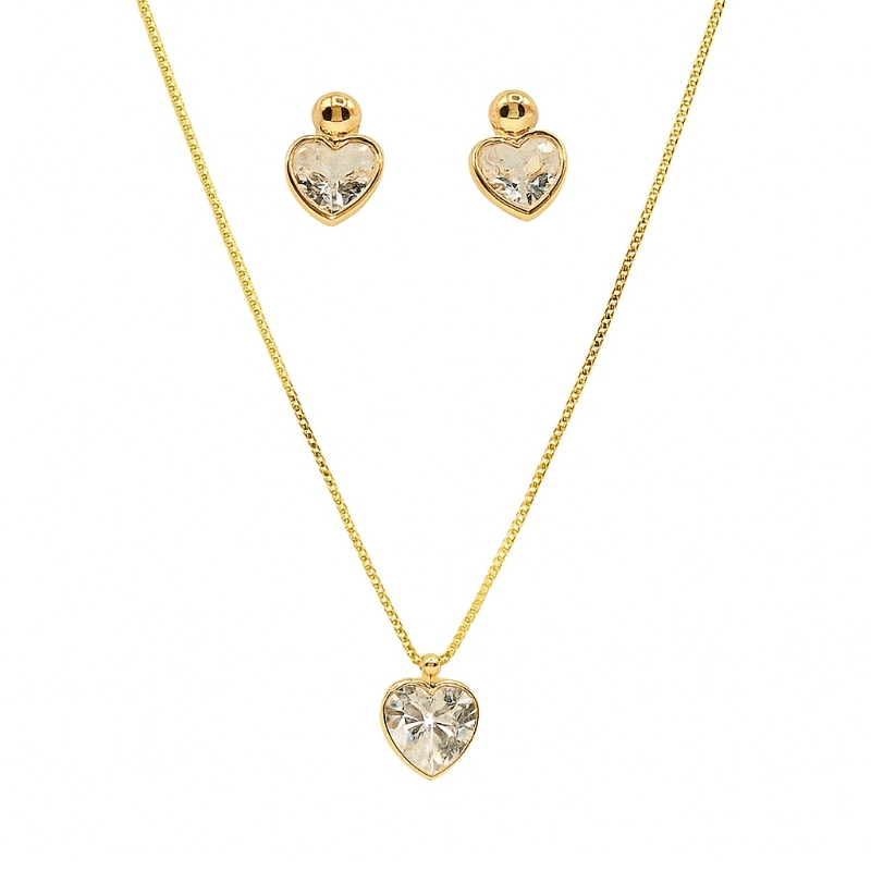 Conjunto Coração Zircônia Gaia Banho Ouro 18K
